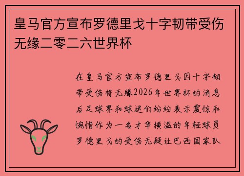 皇马官方宣布罗德里戈十字韧带受伤无缘二零二六世界杯